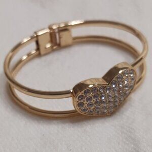 Beautiful Gold Tone Crystal Heart Cuff Bracelet